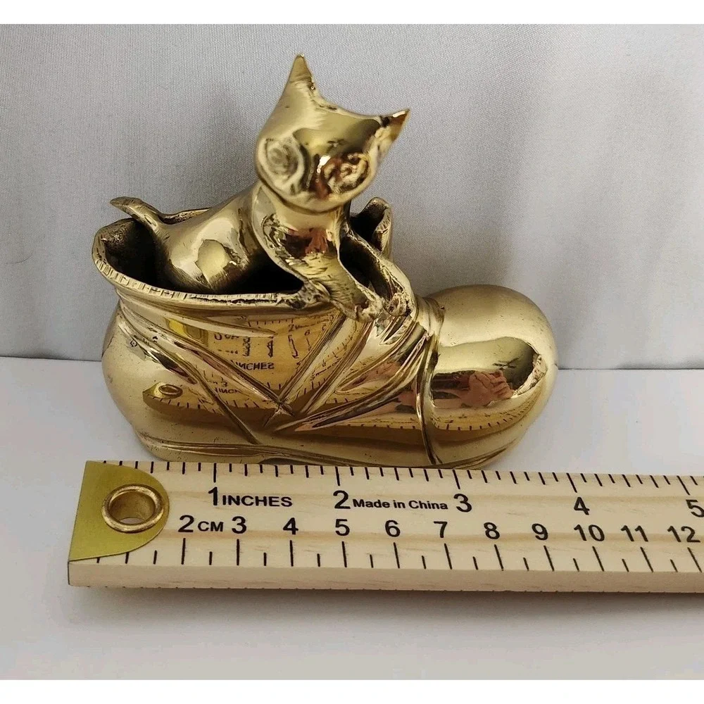 Vintage Brass Cat in Boot Figurine Heavy Kitten Shoe Gold Trinket Paperweight